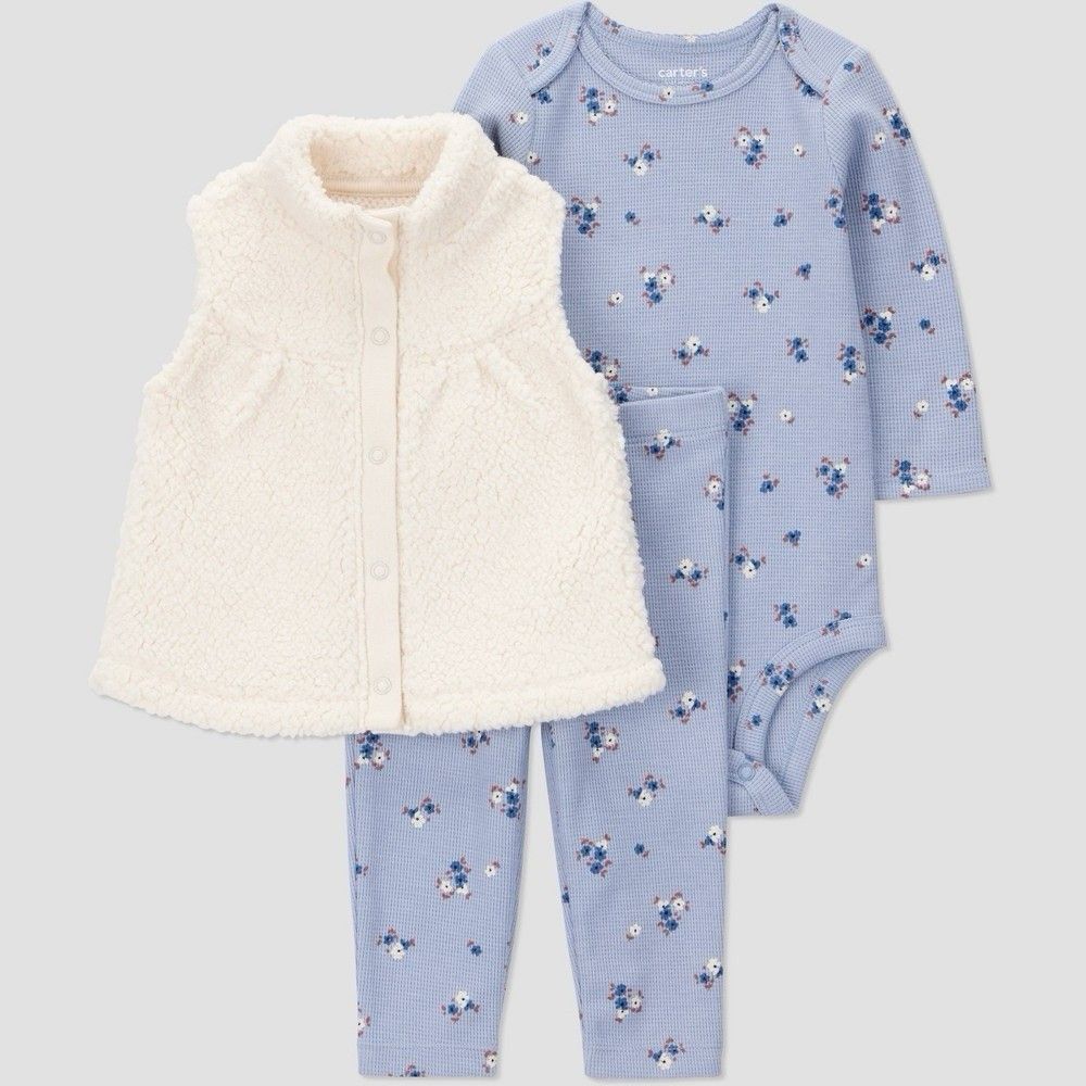Baby Girls' 12 Month 3pc Floral Long Sleeve Bodysuit with Leggings & Vest - Blue